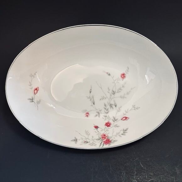 Arita ART25 Oval Serving Platter Pink Roses Gray Leaves Platinum Trim VTG - Picture 1 of 13